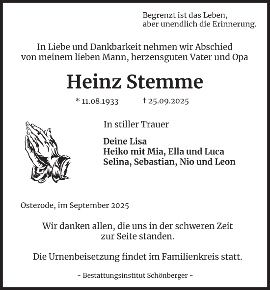 Traueranzeige von Heinz Stemme von Harz Kurier