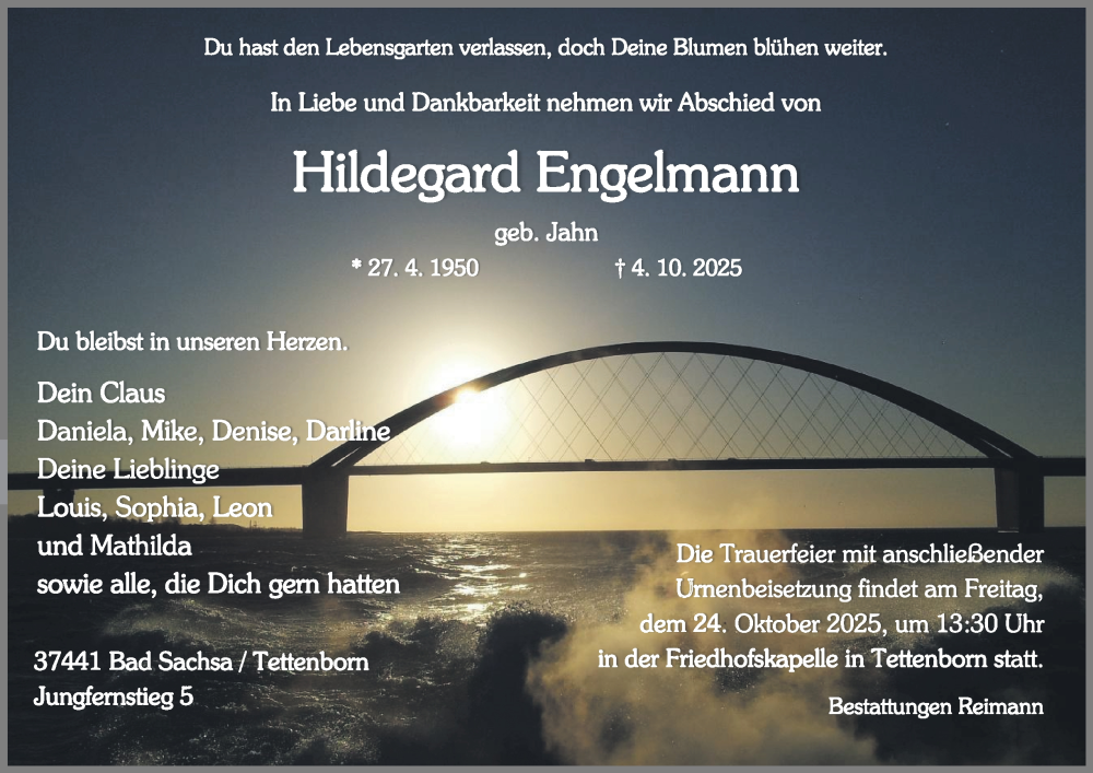  Traueranzeige für Hildegard Engelmann vom 11.10.2025 aus Harz Kurier