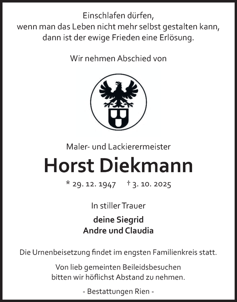  Traueranzeige für Horst Diekmann vom 15.10.2025 aus Harz Kurier