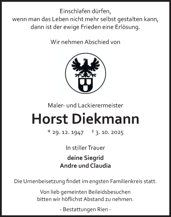 Traueranzeige von Horst Diekmann von Harz Kurier