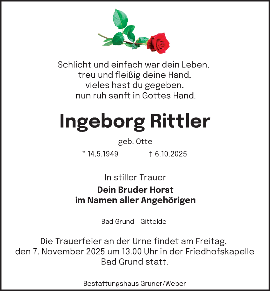  Traueranzeige für Ingeborg Rittler vom 25.10.2025 aus Harz Kurier