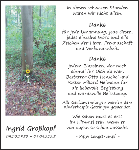 Traueranzeige von Ingrid Großkopf von Harz Kurier