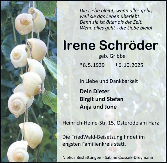 Traueranzeige von Irene Schröder von Harz Kurier