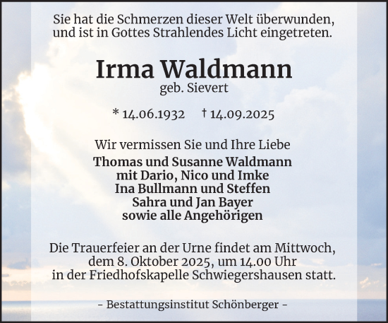 Traueranzeige von Irma Waldmann von Harz Kurier