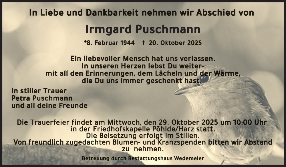  Traueranzeige für Irmgard Puschmann vom 25.10.2025 aus Harz Kurier