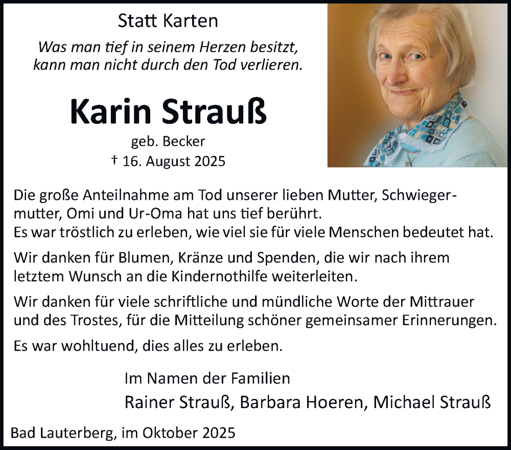  Traueranzeige für Karin Strauß vom 04.10.2025 aus Harz Kurier