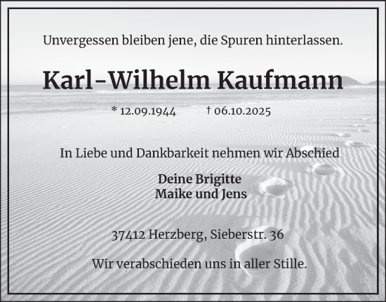 Traueranzeige von Karl-Wilhelm Kaufmann von Harz Kurier