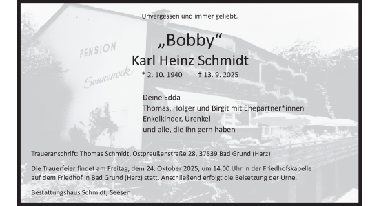 Traueranzeige von Karl Heinz Schmidt von Harz Kurier
