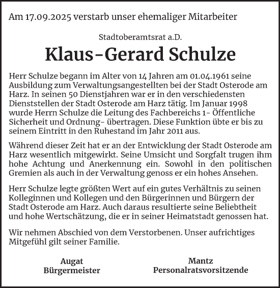 Traueranzeige von Klaus-Gerard Schulze von Harz Kurier