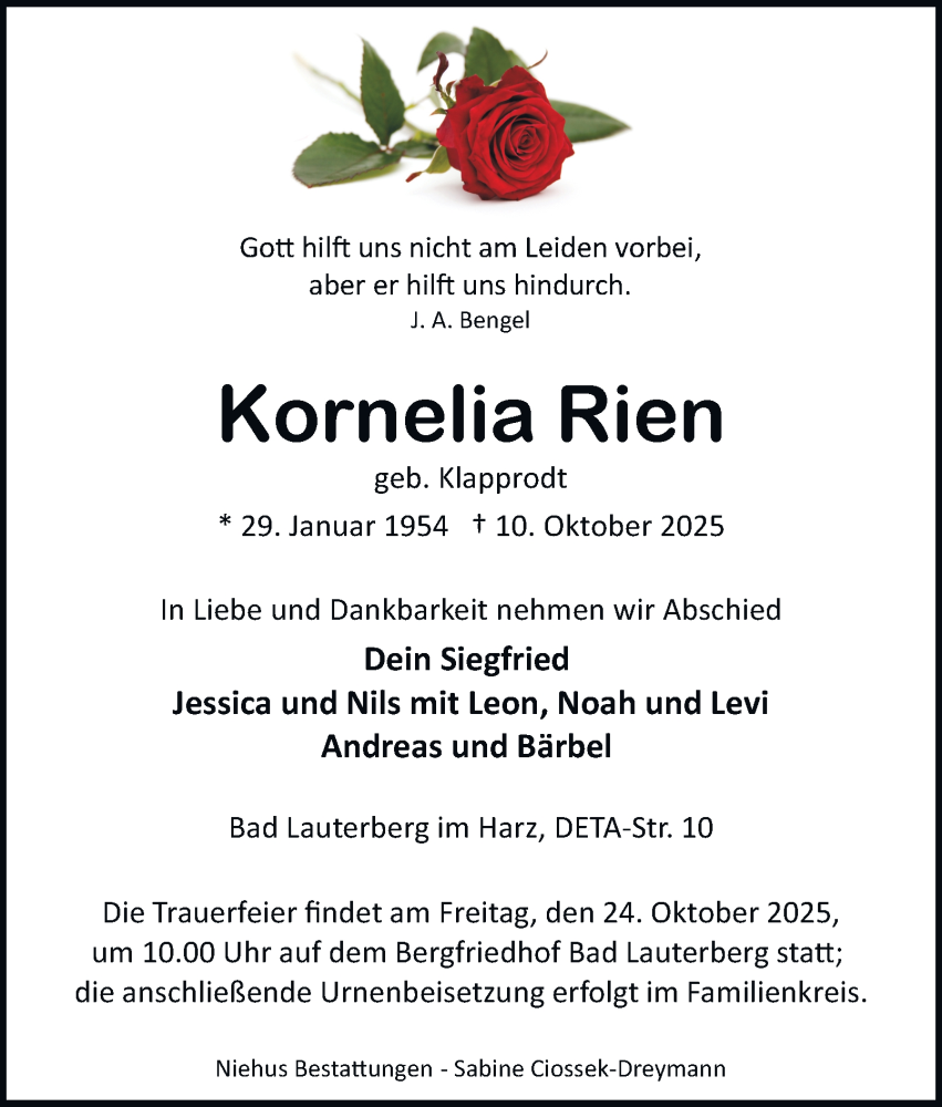  Traueranzeige für Kornelia Rien vom 21.10.2025 aus Harz Kurier