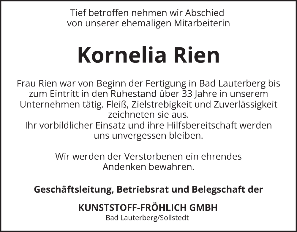  Traueranzeige für Kornelia Rien vom 23.10.2025 aus Harz Kurier
