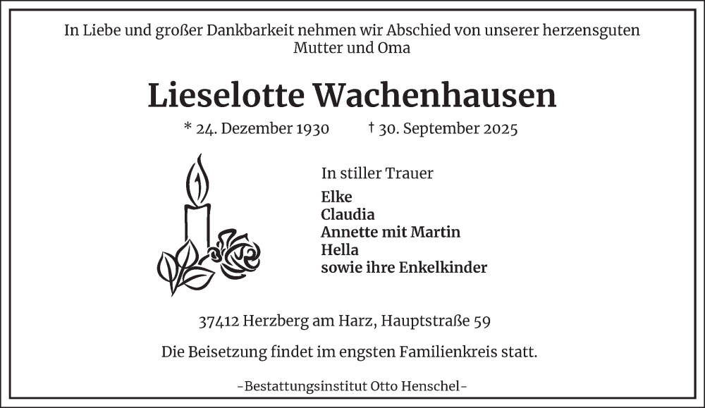  Traueranzeige für Lieselotte Wachenhausen vom 04.10.2025 aus Harz Kurier
