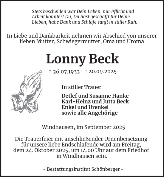 Traueranzeige von Lonny Beck von Harz Kurier