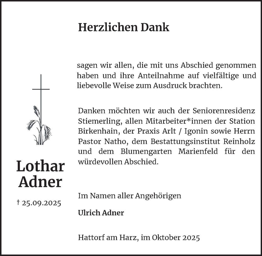  Traueranzeige für Lothar Adner vom 10.10.2025 aus Harz Kurier