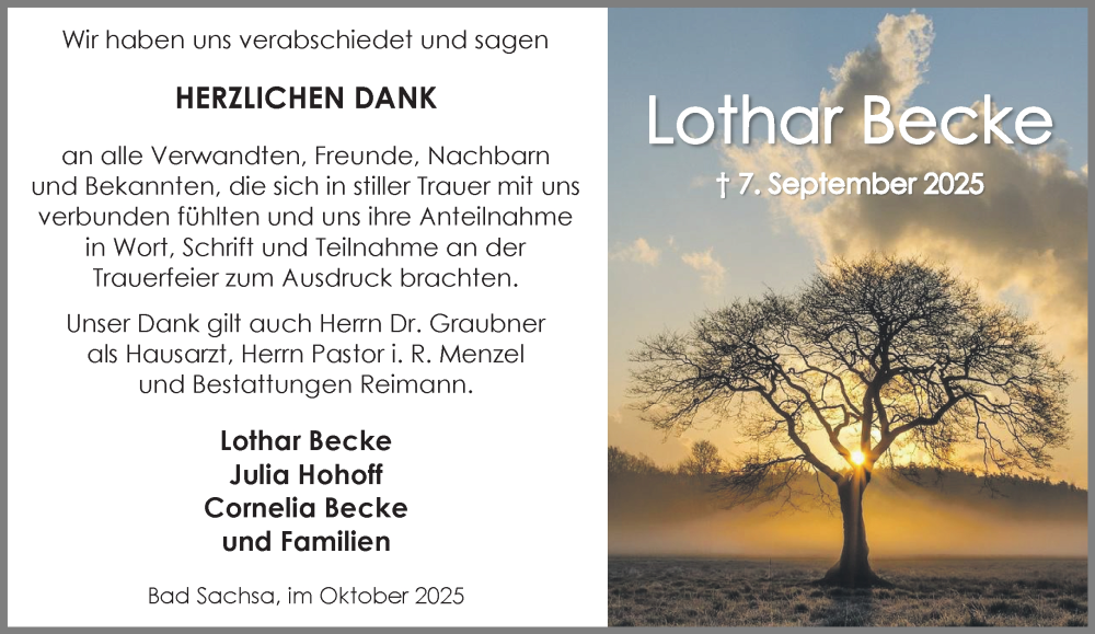  Traueranzeige für Lothar Becke vom 11.10.2025 aus Harz Kurier