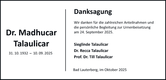 Traueranzeige von Madhucar Talaulicar von Harz Kurier