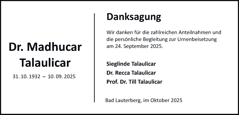  Traueranzeige für Madhucar Talaulicar vom 18.10.2025 aus Harz Kurier