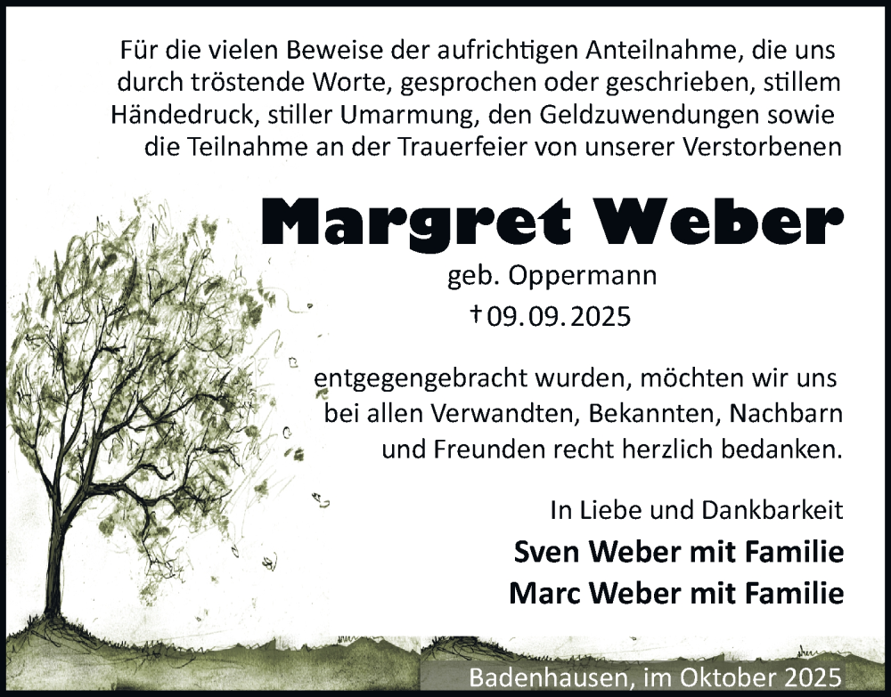  Traueranzeige für Margret Weber vom 11.10.2025 aus Harz Kurier