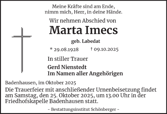 Traueranzeige von Marta Imecs von Harz Kurier