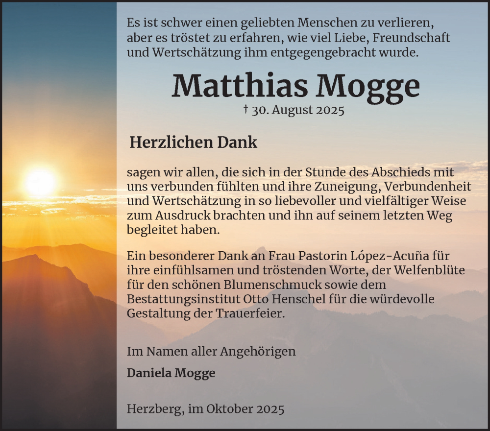  Traueranzeige für Matthias Mogge vom 04.10.2025 aus Harz Kurier