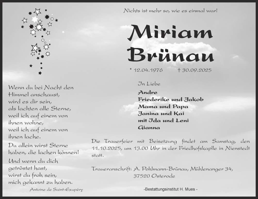  Traueranzeige für Miriam Brünau vom 04.10.2025 aus Harz Kurier