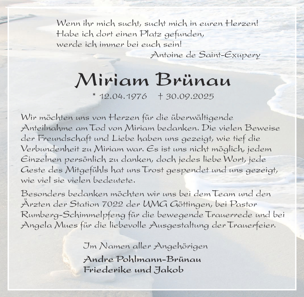  Traueranzeige für Miriam Brünau vom 25.10.2025 aus Harz Kurier