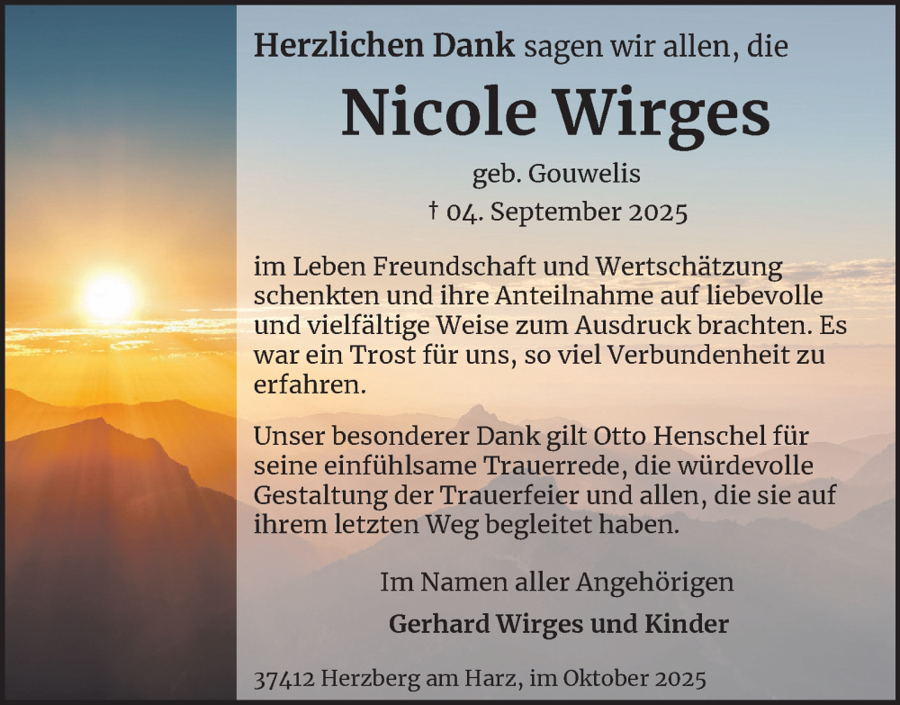  Traueranzeige für Nicole Wirges vom 04.10.2025 aus Harz Kurier