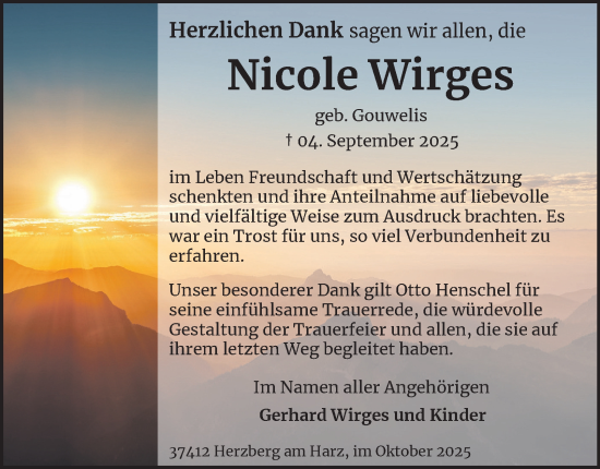 Traueranzeige von Nicole Wirges von Harz Kurier