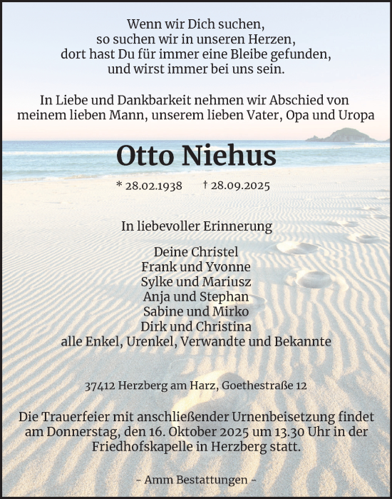 Traueranzeige von Otto Niehus von Harz Kurier