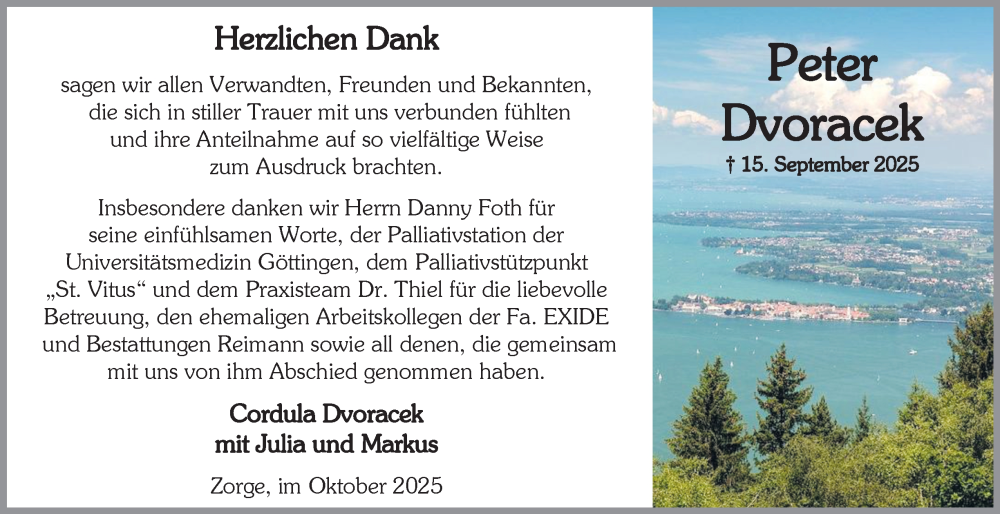  Traueranzeige für Peter Dvoracek vom 25.10.2025 aus Harz Kurier