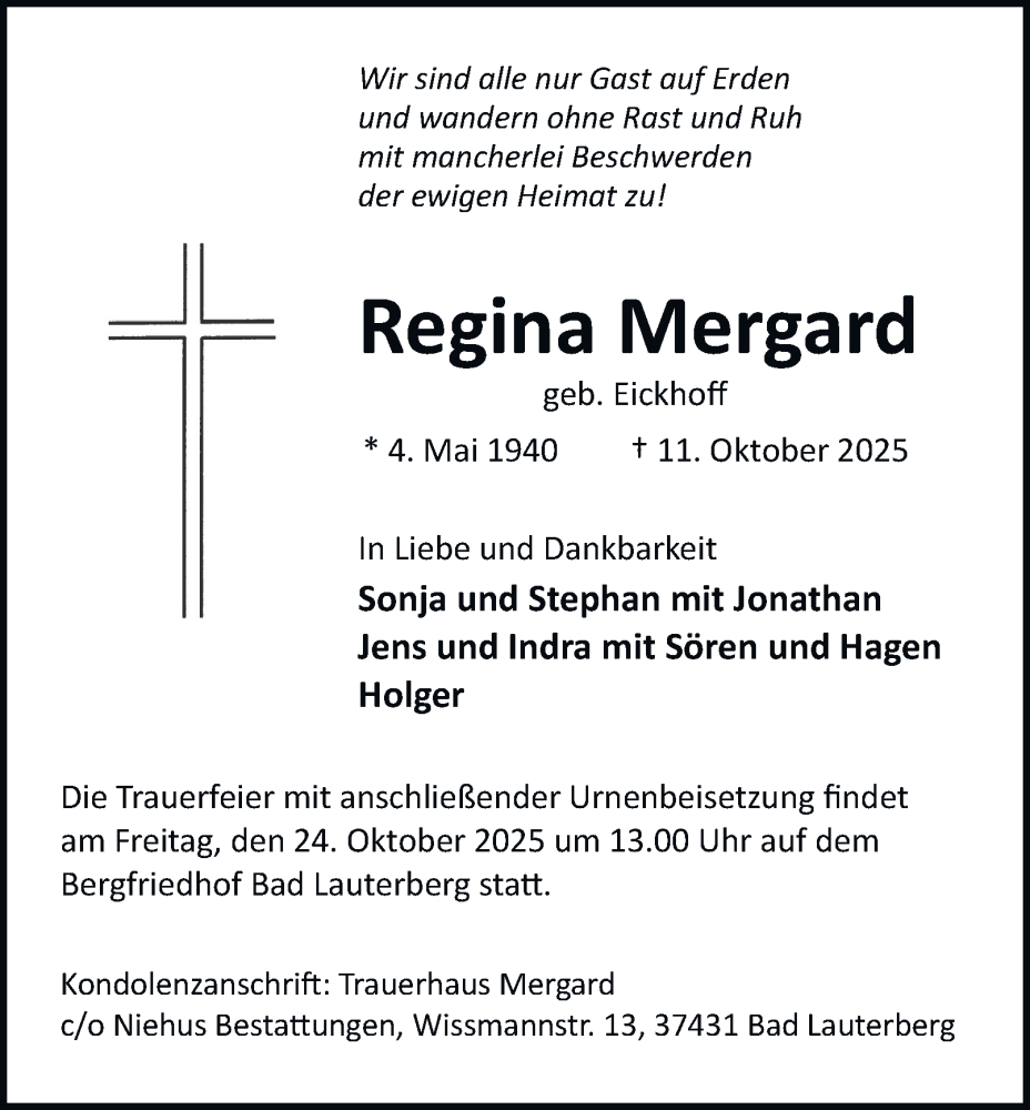  Traueranzeige für Regina Mergard vom 18.10.2025 aus Harz Kurier