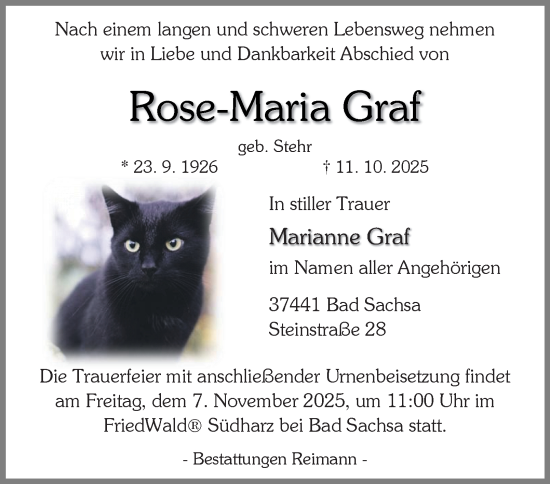 Traueranzeige von Rose-Maria Graf von Harz Kurier