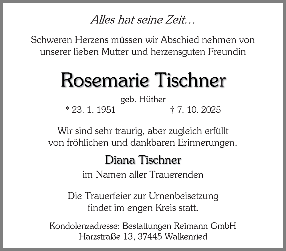  Traueranzeige für Rosemarie Tischner vom 18.10.2025 aus Harz Kurier