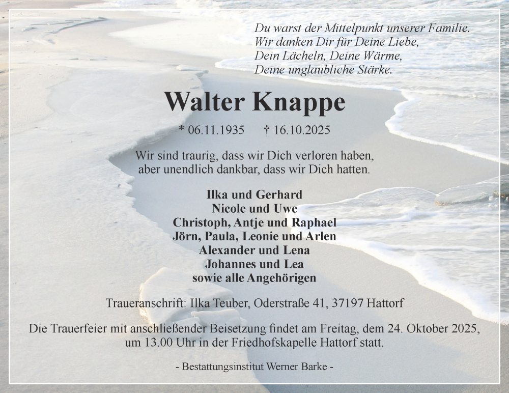  Traueranzeige für Walter Knappe vom 21.10.2025 aus Harz Kurier