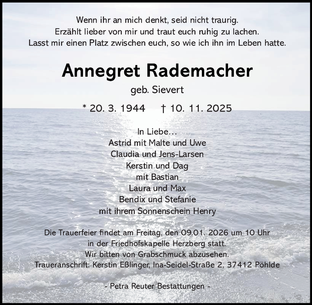  Traueranzeige für Annegret Rademacher vom 22.11.2025 aus Harz Kurier