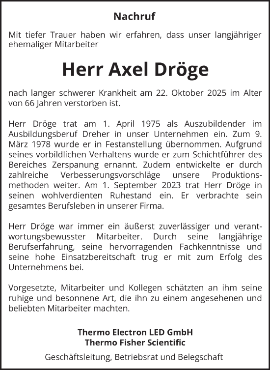 Traueranzeige von Axel Dröge von Harz Kurier