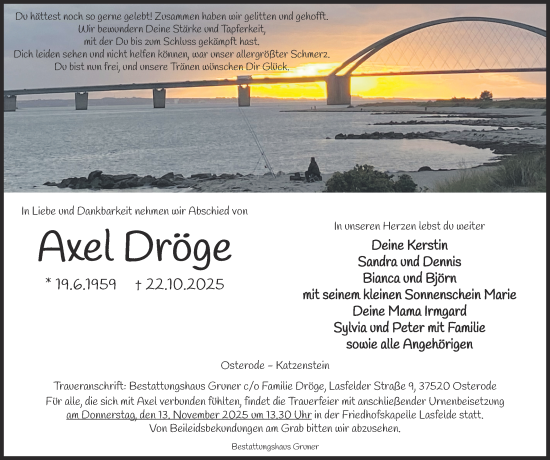 Traueranzeige von Axel Dröge von Harz Kurier