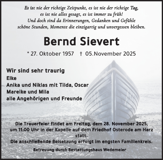 Traueranzeige von Bernd Sievert von Harz Kurier