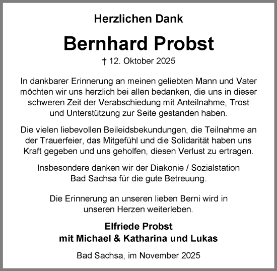 Traueranzeige von Bernhard Probst von Harz Kurier