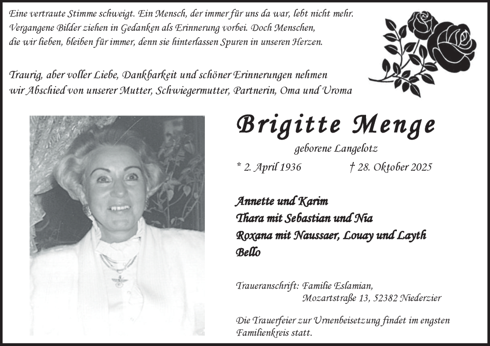  Traueranzeige für Brigitte Menge vom 15.11.2025 aus Harz Kurier