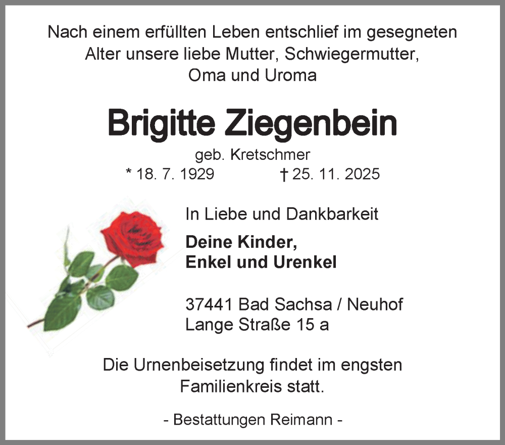  Traueranzeige für Brigitte Ziegenbein vom 29.11.2025 aus Harz Kurier