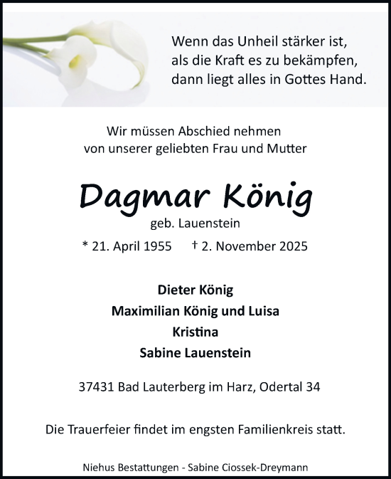 Traueranzeige von Dagmar König von Harz Kurier