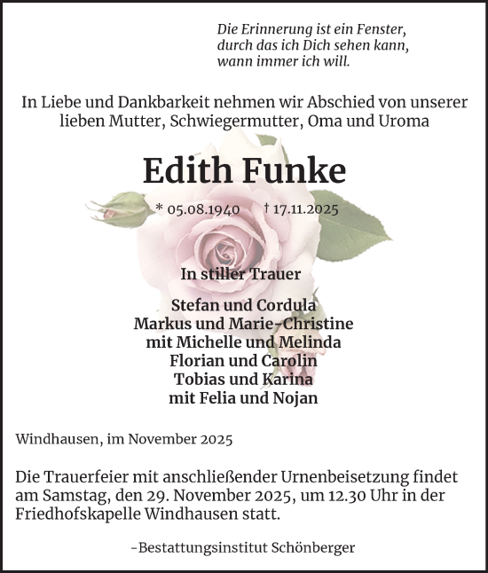 Traueranzeige von Edith Funke von Harz Kurier
