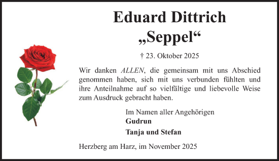 Traueranzeige von Eduard Dittrich von Harz Kurier