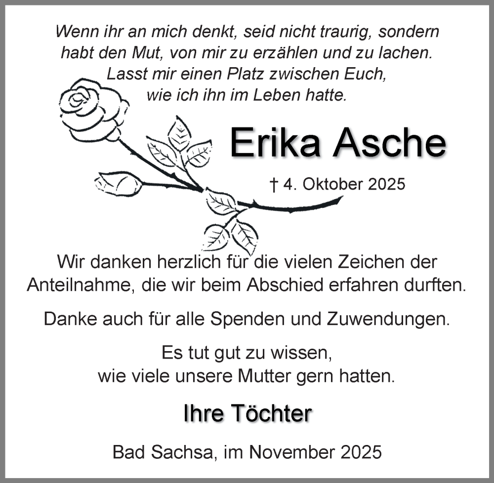  Traueranzeige für Erika Asche vom 08.11.2025 aus Harz Kurier