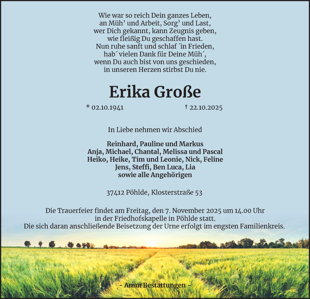  Traueranzeige für Erika Große vom 01.11.2025 aus Harz Kurier