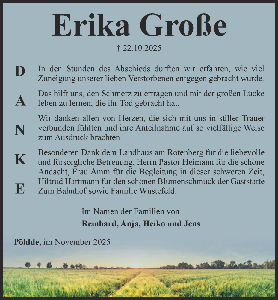  Traueranzeige für Erika Große vom 15.11.2025 aus Harz Kurier