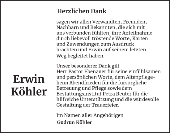 Traueranzeige von Erwin Köhler von Harz Kurier