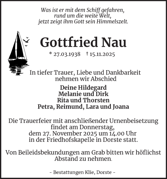Traueranzeige von Gottfried Nau von Harz Kurier