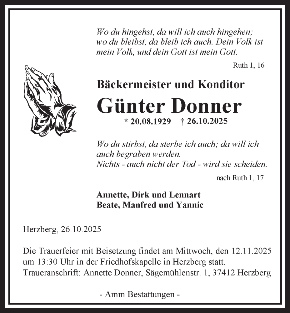  Traueranzeige für Günter Donner vom 01.11.2025 aus Harz Kurier